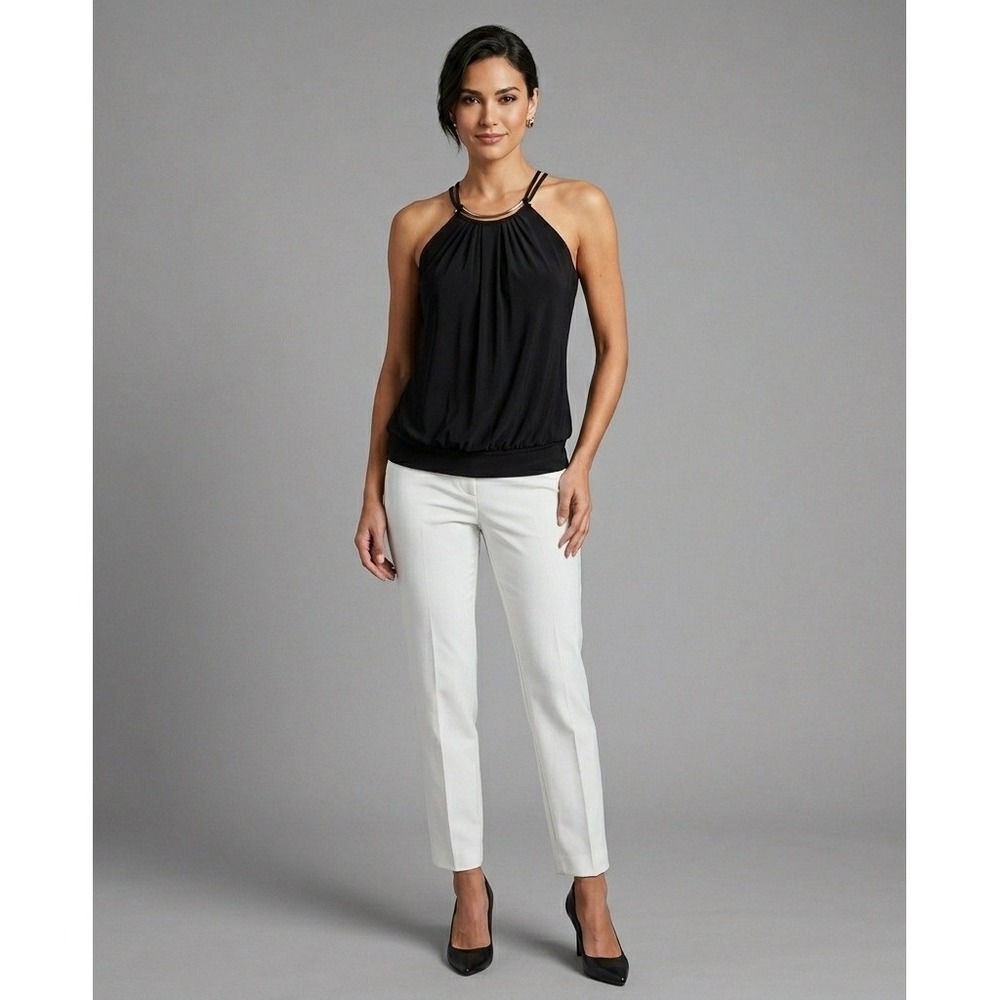 White House Black Market Black Halter Neck Blouse with Silver Bar‎ Detail Medium